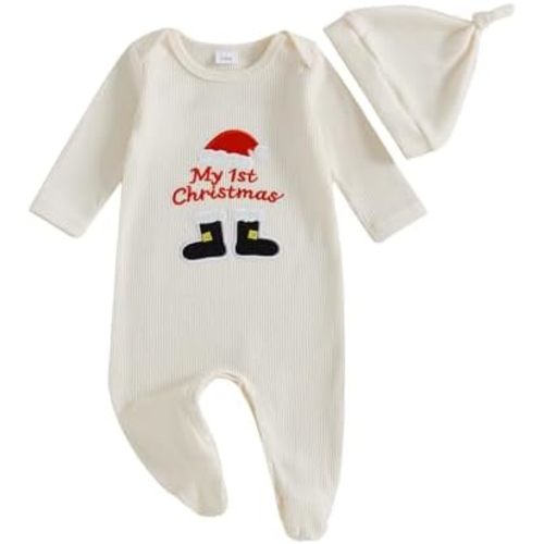 FYBITBO My First Christmas Baby Boy Outfit Newborn Boy Girl Santa-Capped Christmas Footie Romper Onesie Xmas Clothes
