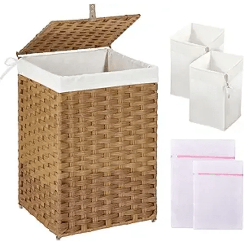 GREENSTELL Laundry Hamper with Lid, 60L Clothes Hamper with 2 Removable Liner Bags & 2 Mesh Laundry Bags, Handwoven Synthetic Rattan Laundry Basket for Clothes, Toys in Bathroom, Bedroom Natural