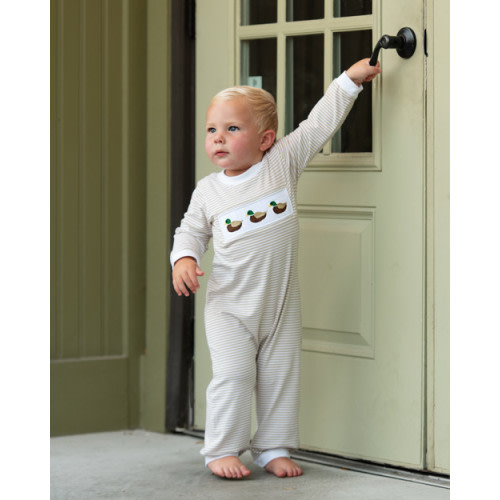 Khaki Knit Stripe Smocked Mallard Long Romper - Cecil and Lou
