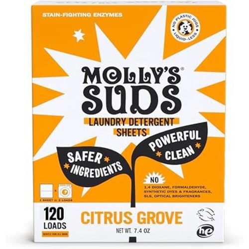 Molly’s Suds Laundry Detergent Sheets | Gentle on Sensitive Skin, Powerful Bio-Based Enzymes, Stain-Fighting | Liquidless & Plastic-Free Packaging | 120 Loads (Citrus Grove)