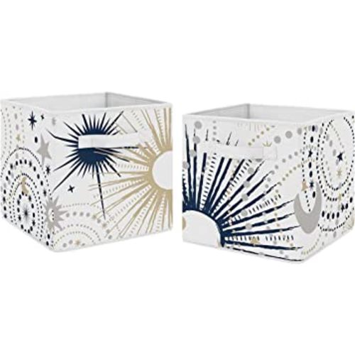Sweet Jojo Designs Star and Moon Foldable Fabric Storage Cube Bins Boxes Organizer Toys Kids Baby Childrens - Set of 2 - Navy Blue, Gold, and Grey Celestial Sky Stars Gender Neutral Unisex