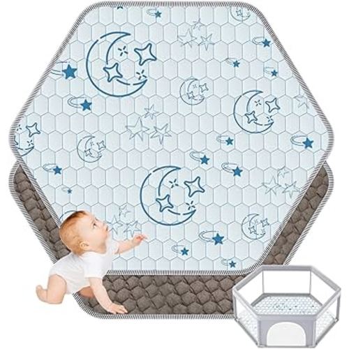 Hexagon Baby Play Mat 59x48 inches: Thick & Soft 6 Panel Playpen Mattress for Babies Toddlers Infant - Non-Slip Silicon Dot Crawling Mats - Foldable & Machine Washable Large Floor Playmats