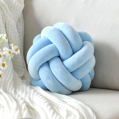 Knot Pillow Ball, Soft Home Decorative Throw Pillows Cushion, Round Changeability Knotted Pillows, Modern Home Handmade Cushions for Bedroom, Sofa, Couch (8 Inch, Light Blue)