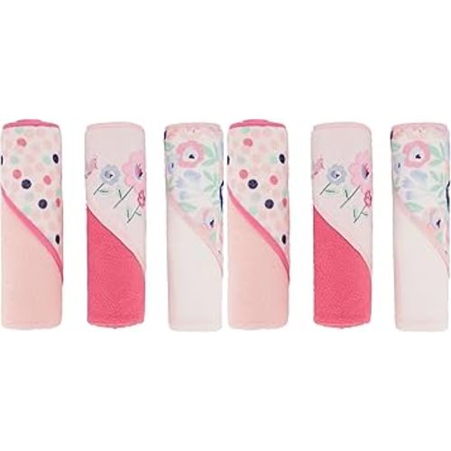 Cudlie Buttons & Stitches Baby Girl 6 Pack Rolled/Carded Hooded Towels in Blooms & Dots Print, GS71731