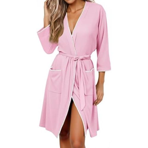 Ekouaer Robes for Women Ribbed Knit Bathrobe Soft Lightweight Knee Length Kimono Robe Ladies Sleepwear with Pockets S-XXL