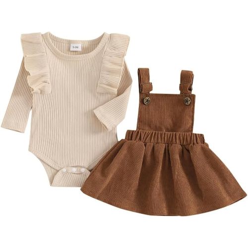 Newborn Baby Girl Fall Dress Ruffle Rib Knit Romper Corduroy Suspenders Skirt 2Pcs Long Sleeve Winter Clothes