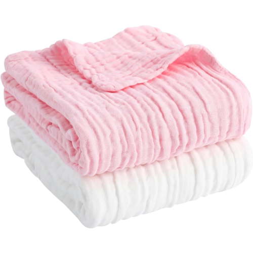 Piu Dino Baby Muslin Bath Towel (Kit w/ 2 units) 41,3'' x 39,37'' Pink/White