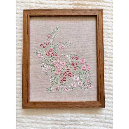 Embroidered Floral Bunny Nursery Art: Vintage Style Baby Girl Room Decor