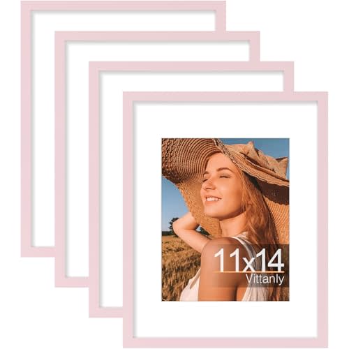 Vittanly 11x14 Picture Frames Set of 4, Display Pictures 8x10 with Mat or 11x14 without Mat, Gallery Wall Frame Set for Wall or Tabletop, Engineered Wood with Shatter Resistant Plexiglass, Pale Pink