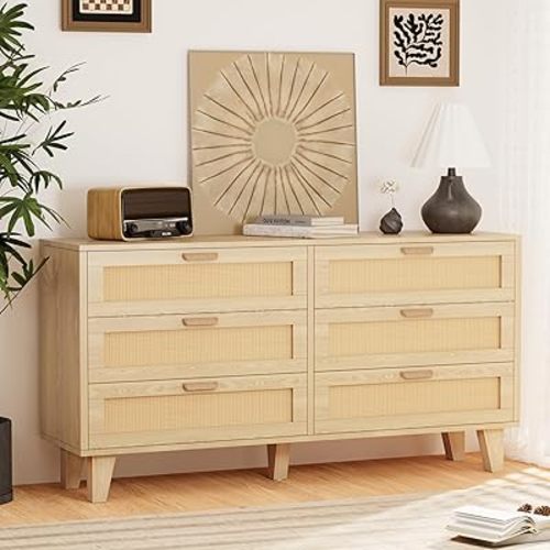 Rattan 6 Drawer Dresser for Bedroom, Boho Wooden Chests of Drawers, Modern Double with Spacious Storage for Closet, Living Room and Entryway, Natural
