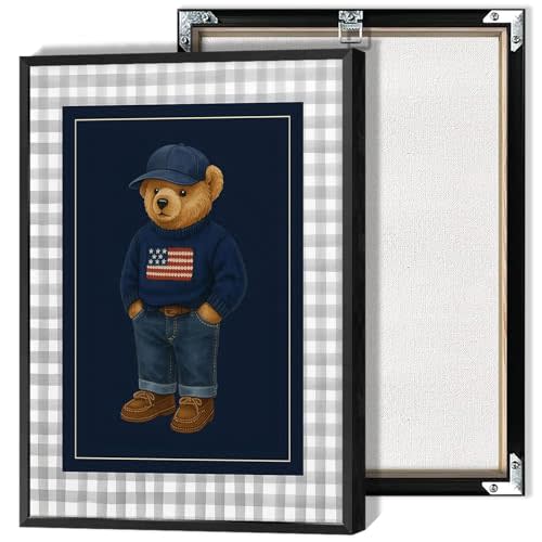 Navy Teddy Bear Canvas Wall Art Funny Bear In A Sweater Poster Preppy Lattice Abstract Animal Aesthetic Prints Painting For Living Room Bedroom Apartment Wall Decor 8x12in Wrapped Canvas