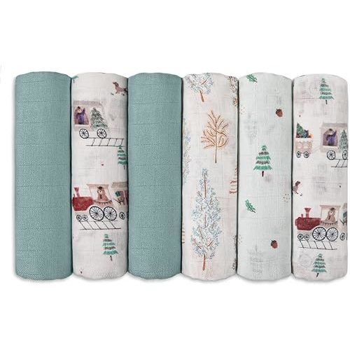 GLLQUEN BABY Receiving Blanket Boy Cotton Muslin Swaddle Blankets Girl Newborn Squares Breathable & Soft Thin Baby Blankets Cloths Double Absorbent Infant Swaddling Wrap - 6 Pack (Pine Tree & Train)