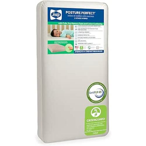 Sealy Baby Posture Perfect Breathable Crib Mattress, GREENGUARD Gold Certified, Made in USA, 2 Stage Hybrid Memory Foam & 150 Premium Coils, Toddler Bed Fit, Safety & Quality Tested, 52x28"