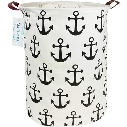 LANGYASHAN Laundry Basket Canvas Fabric Collapsible Organizer Basket for Storage Bin Toy Bins Gift Baskets Bedroom Clothes Children Nursery Hamper (Anchor)