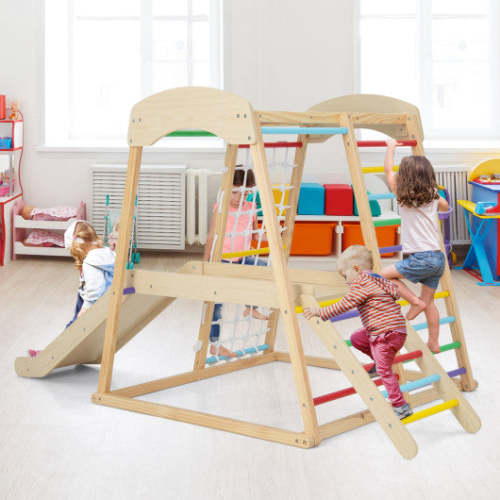 6-in-1 Indoor Jungle Gym Kids Wooden Playground With Monkey Bars-Multicolor