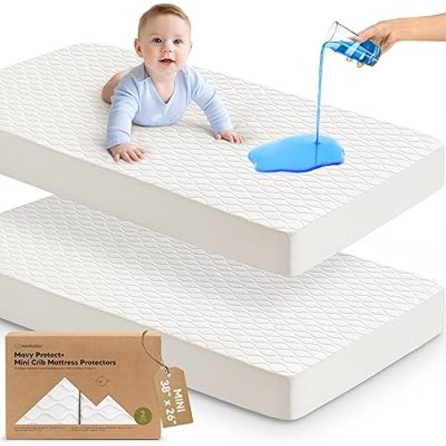 2pk Waterproof Mini Crib Mattress Protector Fitted 38x26 (Soft White, Mini)
