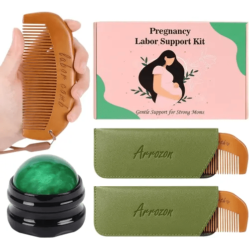 Arrozon 2 Pcs Labor Comb & Green Massage Roller Ball Kit, Birthing Comb Hospital Bag Essentials, Birth comb Labor and Delivery Essentials, Wooden Combs Pregnancy Gift