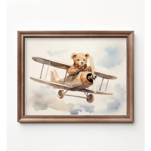 Teddy Bear Flying Airplane Nursery Print Teddy Bear Plane Kids Room Art Vintage Airplane Nursery Decor Teddy Bear Kids Room Bespoke Littles