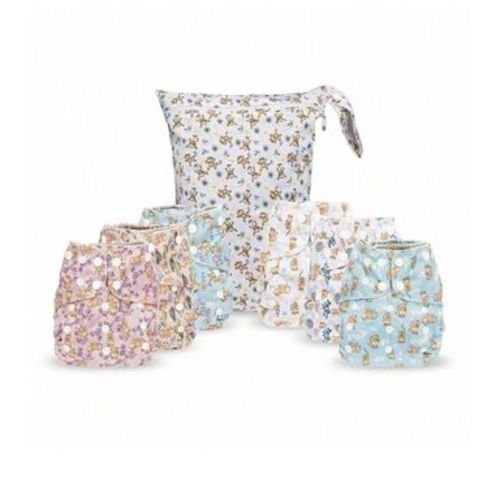 6ct Reusable Cloth Diapers, One Size Adjustable, Washable Soft Absorbent, Waterproof Cover, 4-Layers Microfiber Inserts (Monkey) - Simple Being