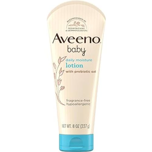 Aveeno Baby Daily Moisture Body Lotion for Sensitive Skin, Hypoallergenic Moisturizing Baby Lotion with Nourishing Oatmeal to Deeply Moisturize Baby's Skin, Fragrance-Free, 8 fl. oz