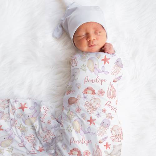 Custom Sea Animals Blanket, Girl Ocean Name Swaddle, Personalized Whale, Turtle Swaddle, New Mom Gift, Newborn Gift, Ocean Baby Shower Gift