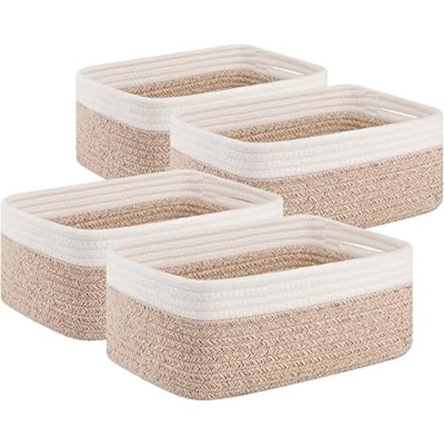 OIAHOMY 4 Pack Storage Baskets for Organizing, Small Baskets for Shelves, Cute Decorative Storage Bins, Organizer Baskets for Gifts Empty, Woven Baskets for Storage, 11.8''Lx7.8''Wx4.7''H, Brown/White