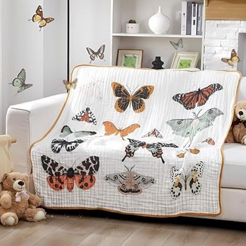 Butterfly Muslin Blanket 47 x 47 Inch Warm Soft Cotton Muslin Swaddle Blanket, Boho Nursery Swaddling Wrap Quilt for Girls Bedding Gift, Spring Summer Nap, Crib Bed Sofa Nursery Decor