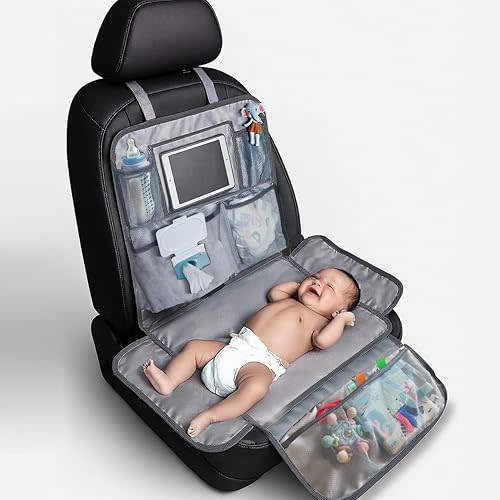 Baby Portable Diaper Changing Station for Car | Lightweight Baby Changing Pad for Travel with 4 Pockets, Clear Tablet & Wipes Holder, Foldable Waterproof Mat | Travel Baby Essentials for Road Trips
