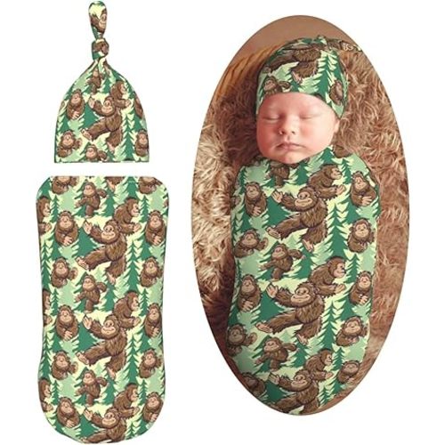 Funny Sasquatch and Tree Newborn Swaddle Blankets Hat Sets Soft Baby Receiving Blanket Swaddle Sack for Baby Shower Infant Boy Girl Gift