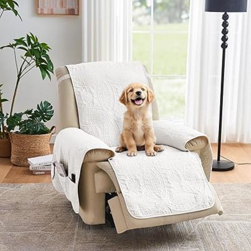 Quilted Recliner Chair Covers, Water-Repellent Recliner Slipcovers, White Recliner Covers Stay in Place, Pet Friendly Recliner Cover for Dogs, Washable Chair Protector (Recliner 22", White)