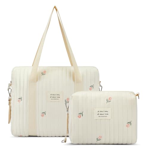 Paterr 2 Pcs Diaper Bag Tote for Women Multifunction Multisize Maternity Bag Quilted Cotton Cute Diaper Bag