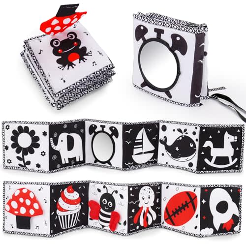 Black and White High Contrast Toys for Baby 0-3 3-6 months Infant Tummy Time Soft Book Sensory Musical Toy 0-2-4-6 month Babies Brain Development Crinkle Book Mirror Newborn Christmas Stocking Stuffer