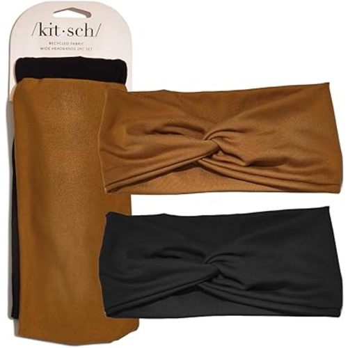 Kitsch Recycled Fabric Wide Turban Headbands for Women and Teens - Non-slip, Trendy Fashion Hair Bands for Spa, Workout, Skincare Routine, Yoga & Gym - Cotton, Comfortable & Thick, 2pcs -Black & Camel
