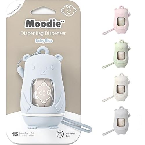 Teddy Bear Diaper Bag Dispenser | Diaper Trash Bags on the Go Dispenser w/Silicon Strap | 15 UNSCENTED Baby Poop Bags per Roll | Dirty Diaper Bags Disposable | Diaper Waste Bags (BABY BLUE)