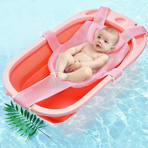 Baby Bath Seat Infant Bathing Support Mat with Five Safety Support Corner Adjustable Antiskid Bath Net Cushion Universal Baby Shower Net Pad Comfortable Baby Bathtub Sling