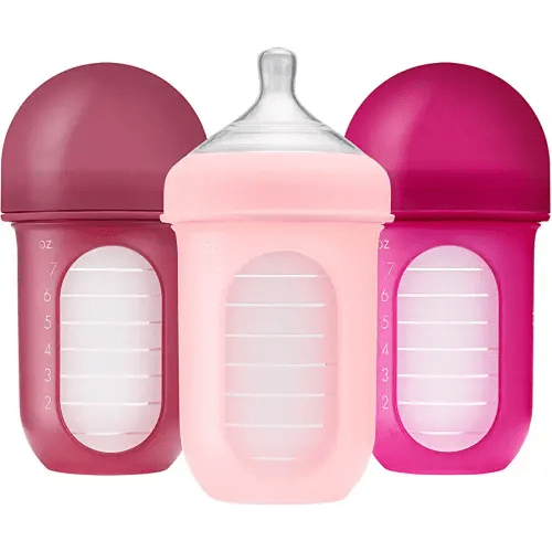 Boon Nursh Reusable Silicone Pouch Baby Bottles - Medium Flow Nipple - Silicone Baby Bottle Pouch and Nipple - Baby Feeding Essentials - Pink - 3-6 Months - 3 Count - 8 Ounce