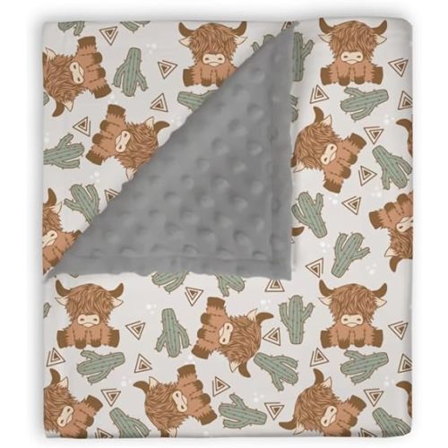 Mink Baby Blanket for Boys Highland Cow Cactus Gray, Western Farm Animal Soft Lightweight Double Layer Dotted Backing Receiving Blankets, Newborn Infant Toddler Nursery Crib Bedding 30 x 40