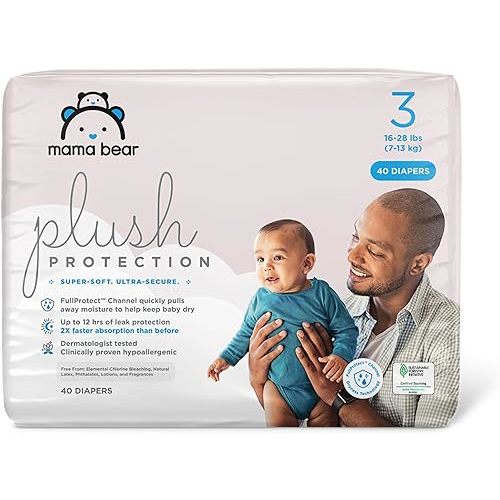 Amazon Brand - Mama Bear Plush Protection Diapers - Size 3, 40 Count, Hypoallergenic Premium Disposable Baby Diapers, White and Cloud Dreams