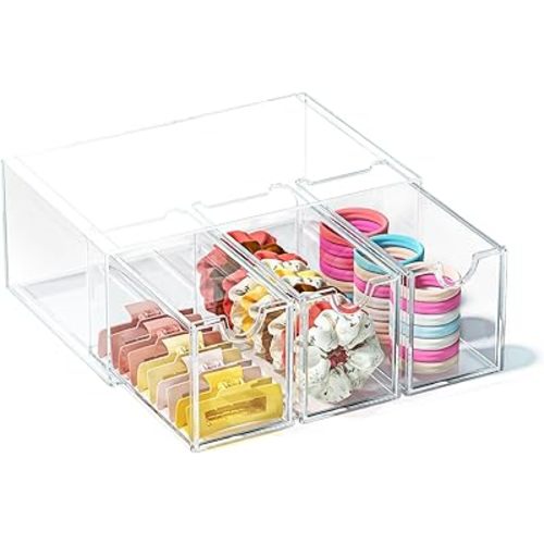 Hair Accessories Organizer for Girls, Clear Acrylic Hair Tie Bow Claw Clip Scrunchie Holder with 3 Drawers, Cute Stackable Storage Container Caddy Box for Bathroom Vanity Countertop