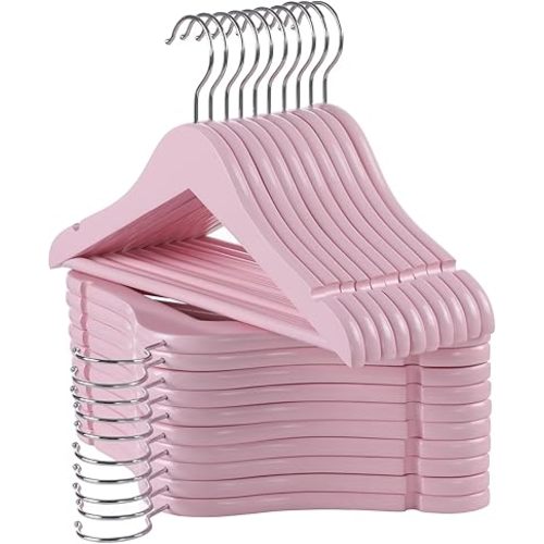 Kids Wooden Hangers 20 Pack, Pink Wooden Baby Hangers with Smooth Finish, Solid Wood Childrens Hangers for Clothes, Precisely-Cut Sleek Notches & Swivel Hook Baby Clothes Hangers for Closet