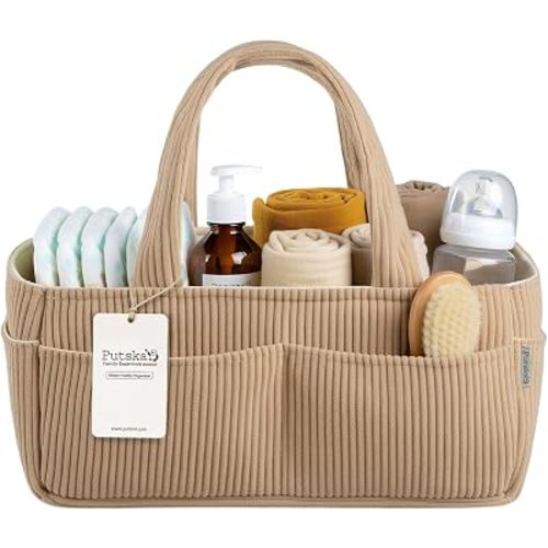 PUTSKA Baby Diaper Caddy Organizer for Changing Table – Stylish Nursery Storage Basket, Newborn Essentials, Baby Shower Gifts and Registry Must-Haves for Boy or Girl, Car Diaper Caddy, Corduroy Mocha