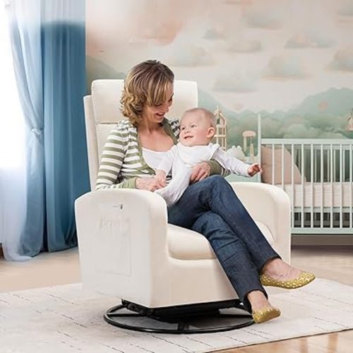 Glider Rocking Chair Nursery, 360° Velvet Swivel Rocker Chair for Nursery, Upholstered Glider Nursing Chair with High Back and Side Pocket, Swivel Armchair for Living Room, Bedroom, Beige