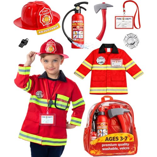 Born Toys Firefighter Costume for Kids Ages 3-7 with Firefighter Accessories, Fireman Costume for Boys and Girls, Washable Fire Fighter Coat with Hat, Toy Fire Extinguisher & Axe Dress Up Pretend Play