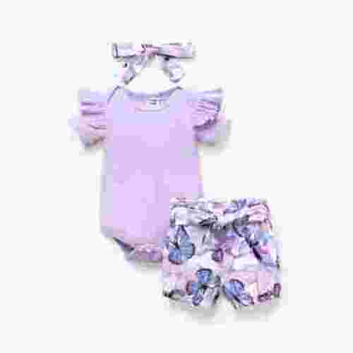 PatPat Baby Girl Outfit Sets Butterfly Print Shorts and Purple Bodysuit Headband Gift for Baby Girl 6-9 Months