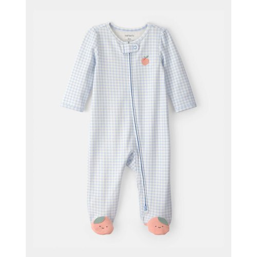 Peach Gingham 2-Way Zip 100% Cotton Sleep & Play Pajama - Blue