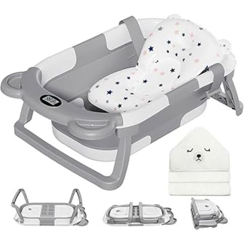 MoreFeel Collapsible Baby Bathtub for Newborn with Thermometer & 1 Hooded Towel & 1 Soft Floating Cushion,Portable Travel Bathtub with Drain Hole, Durable Foldable Baby Tubs for Infants to Toddler