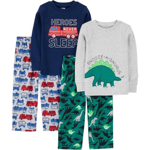 Simple Joys Toddler Boy's 4-Piece Fleece Pajamas Sleepwear, Dino/Firetruck, 3T