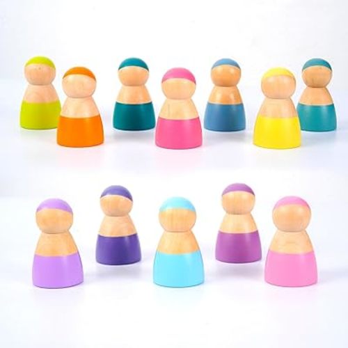 Wooden Peg People Toys, Peg Dolls for Toddlers, 12 PCS Educational Pretend Play, Rainbow Stacking Toy