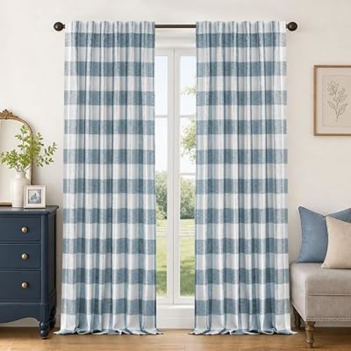DriftAway 100% Blackout Plaid Curtains Buffalo Check 84 Inches Dusty Blue