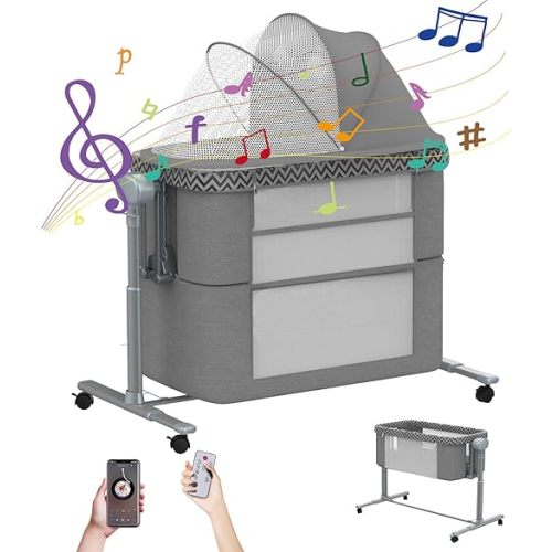 Electric Rocking Bassinet for Baby, 4 in 1 Baby Basinets Bedside Sleeper with Wheels, Automatic Bedside Bassinet with Remote Control, Baby Crib in Bed Newborn with 5 Height Adjustable, 3-Speed Swing